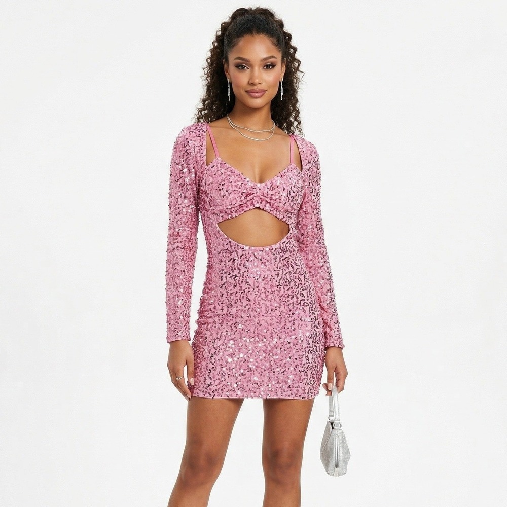 MI558 Sexy Cutout Sparkly Sequin Mini Dress Pink Glam Party Birthday Size S
